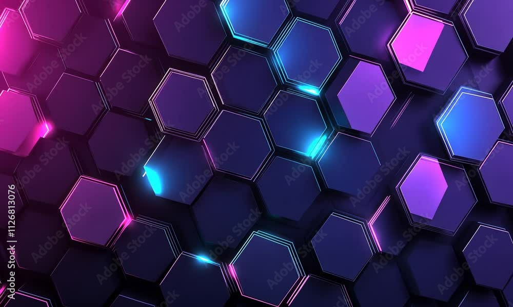 Poster abstract hexagon pattern with neon lights.