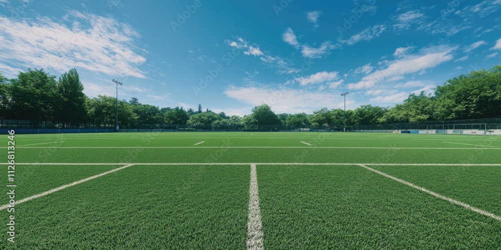Poster large field with a white line down the middle. the field is empty and the sky is blue