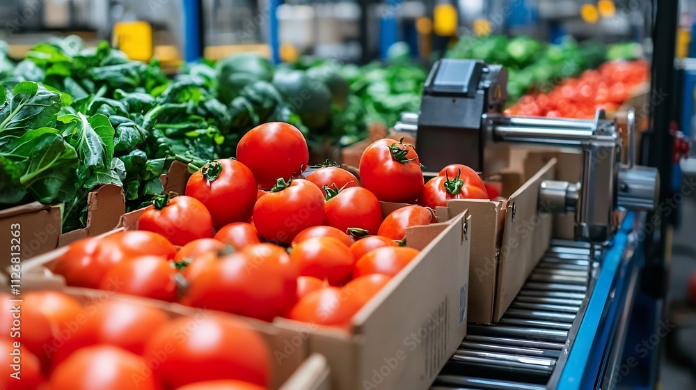 Poster automated high tech vegetable sorting machine operating in a clean modern industrial agricultural pr