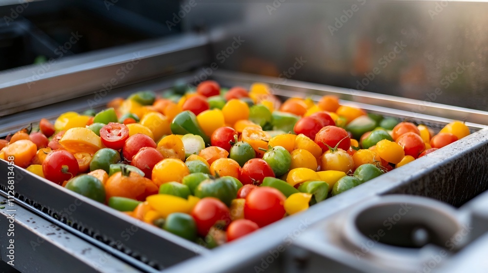 Poster automated high tech sorting machine handling and processing fresh produce in an efficient industrial