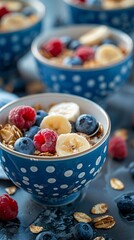 Image of two oatmeal bowls with fruits on a dark surface, one focused with garnish, the other blurred. Cozy breakfast setup with a spoon, napkin, and polished table.