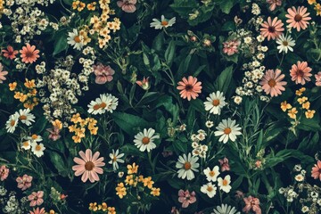 Close up of a field of flowers with a variety of colors including pink, yellow, and white