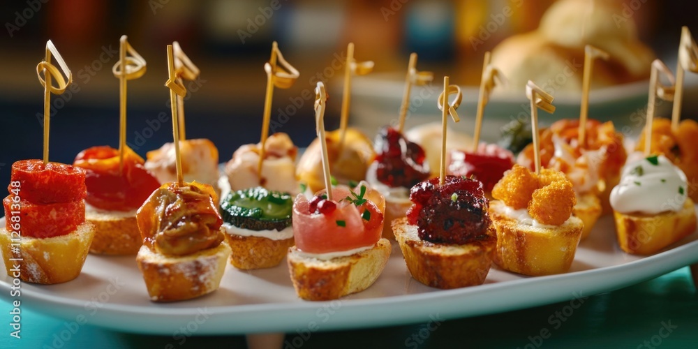 Poster white plate with a variety of appetizers on it. the appetizers are arranged in a row and are held up