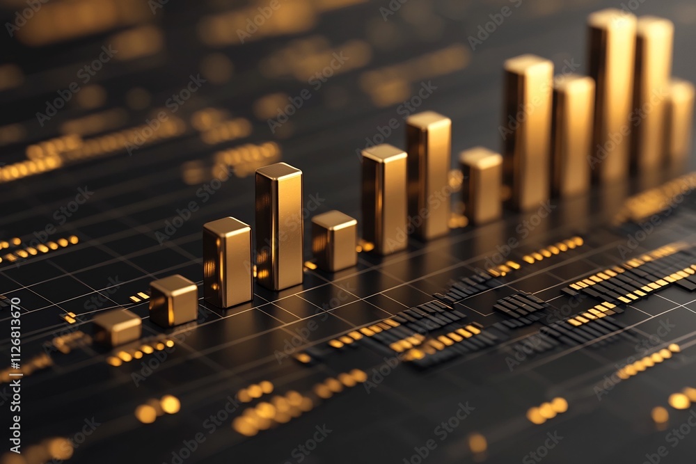 Poster towering bar charts symbolizing stable investment growth and financial prosperity with a warm golden