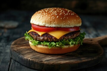 Hamburger with cheese and lettuce on a wooden cutting board. The burger is sitting on a wooden board, and it looks delicious