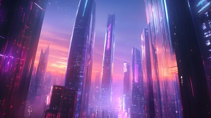 Fototapeta premium Futuristic Cityscape at Sunset Neon Lights Gleam on Towers