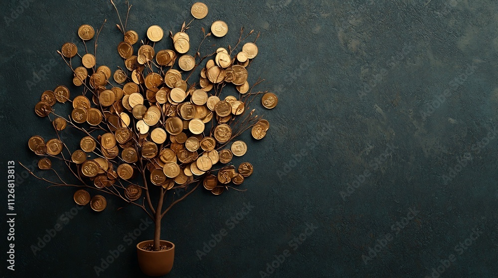 Poster thriving tree with wealth generating coins on branches symbolizing stable financial growth for inves