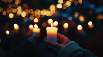 Hand holding candlelight vigil at night. (3)