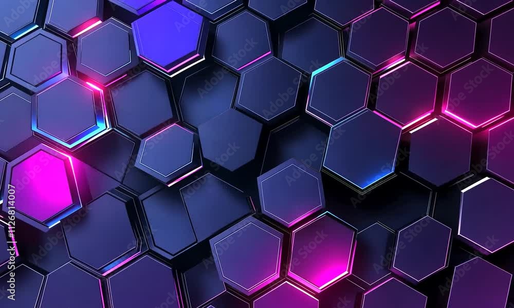 Poster abstract hexagonal geometric pattern with neon glowing edges.