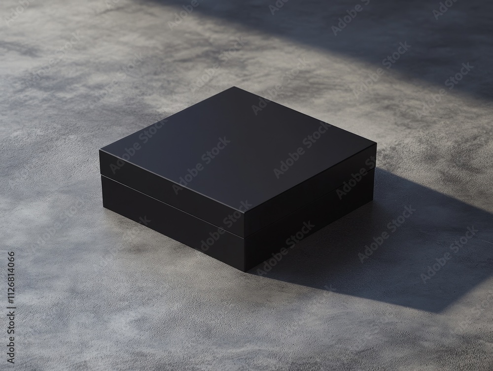 Aufkleber black box sits on a grey surface. the box is square in shape and he is empty. the grey surface is sm