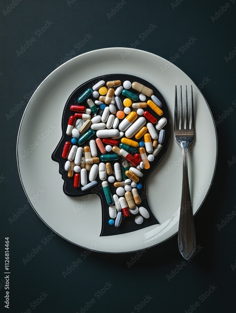 Poster plate with a head made of pills and a fork. scene is somewhat unsettling and chaotic