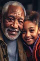 Man and a young girl are smiling at the camera. The man is wearing a gray shirt and the girl is wearing a purple jacket. Scene is happy and warm, as the two people are enjoying each other's company