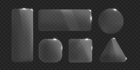 Vector glass frame. Isolated on transparent background. Glass banner realistic. Rectangular, round, triangular and square acrylic banner.  