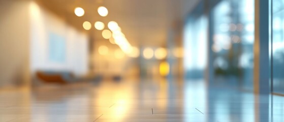 Obraz premium Abstract Blurred Office Interior Background with Shiny Floor and Warm Lighting