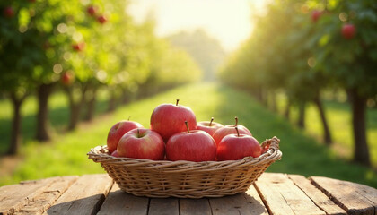 Red Apples On Table In Basket In The Sunny Green Orchard - Harvest Concept