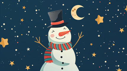 A cheerful snowman wearing a striped scarf and a top hat, surrounded by twinkling stars and a crescent moon.