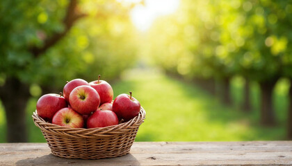 Red Apples On Table In Basket In The Sunny Green Orchard - Harvest Concept