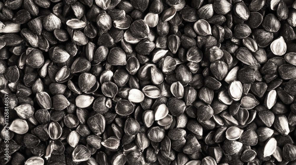 Poster close up of black seeds with some of them open. the seeds are scattered all over the image
