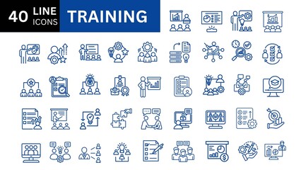 Set of 40 line icons related to Training, mentoring, education, meeting, conference, teamwork. Outline icon collection. Editable stroke. Vector illustration