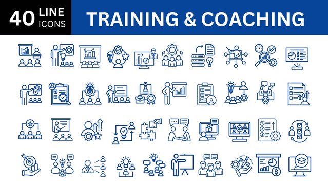 Set of 40 line icons related to training, coaching, mentoring, education, meeting, conference, teamwork. Outline icon collection. Editable stroke. Vector illustration