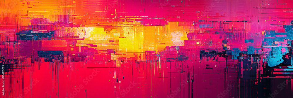 Poster abstract digital glitch pattern, with fragmented lines, distorted shapes, and pixelated noise in neo