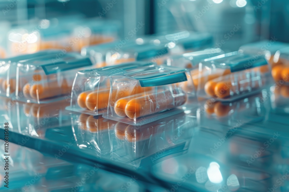 Poster row of plastic containers with orange pills inside. the containers are lined up on a counter. concep