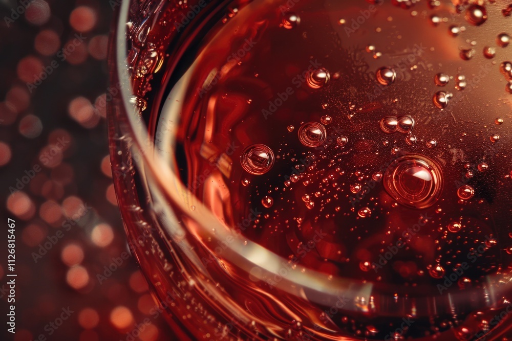 Poster glass of red liquid with bubbles in it. the bubbles are floating on the surface of the liquid
