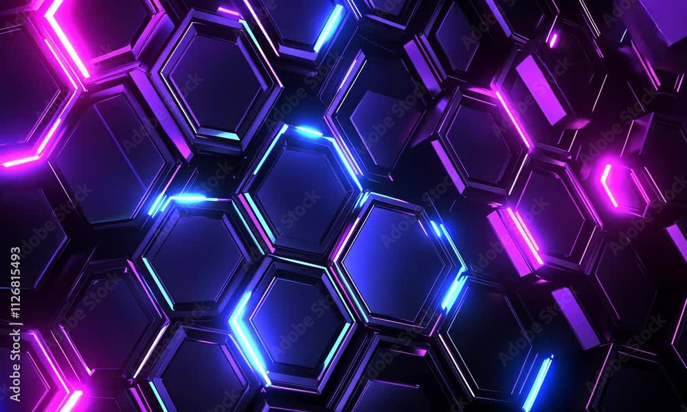 Poster abstract hexagonal pattern with neon lights.
