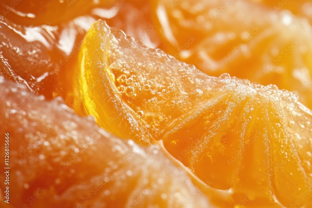Poster close up of a slice of orange with a thin layer of water on top. the orange slice is cut into a spir