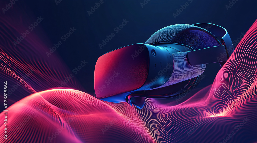 Poster abstract environment with sound waves wrapping around a virtual reality headset, illustrating immers