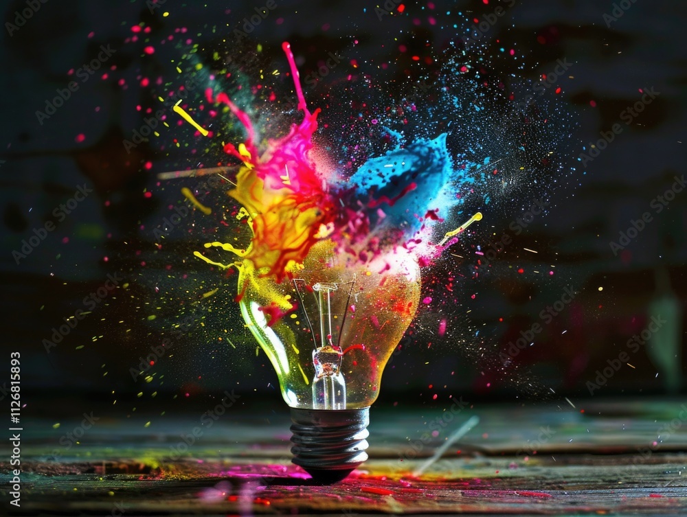 Aufkleber colorful light bulb is exploding with paint, creating a vibrant and dynamic scene. the explosion of 