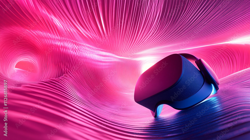 Poster abstract environment with sound waves wrapping around a virtual reality headset, illustrating immers