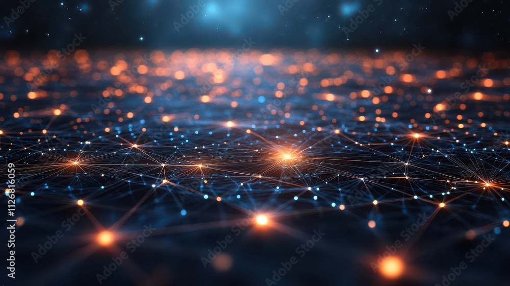 Poster abstract network with glowing lights and stars in dark background, representing digital connectivity