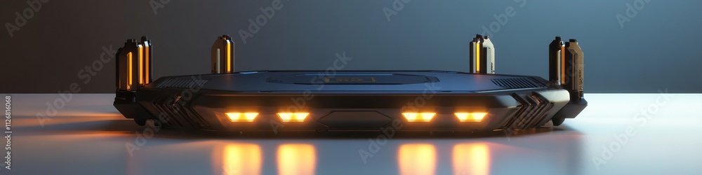 Aufkleber decorative router displayed on matte white surface with glowing signal lights under diffused lightin
