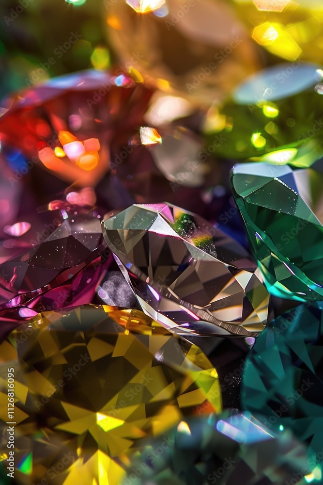 Poster close up of a bunch of colorful gems. the gems are of various colors and sizes, and they are arrange
