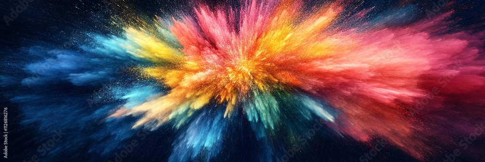 Poster abstract explosion of color particles, flying outward from the center in a dynamic and energetic bur
