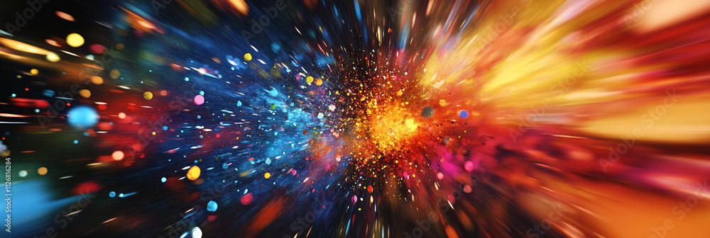 Poster abstract explosion of color particles, flying outward from the center in a dynamic and energetic bur