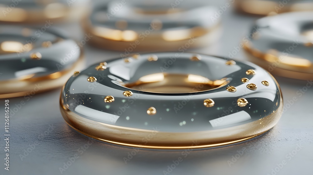 Aufkleber a collection of glossy, golden-accented donut-shaped objects with a sparkling surface.