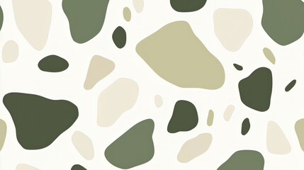 Abstract organic shapes in earthy green and beige tones scattered over a white background, creating a modern, nature-inspired pattern. AI generative.