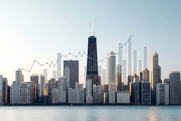 Obraz premium Aerial view of a bustling city skyline with modern high rise buildings overlaid with upward trending financial charts and graphs
