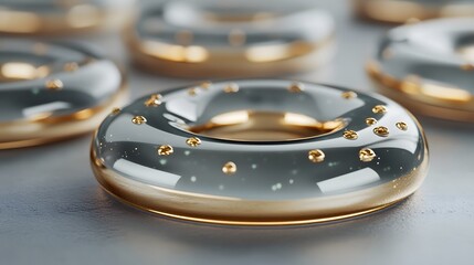 A collection of glossy, golden-accented donut-shaped objects with a sparkling surface.