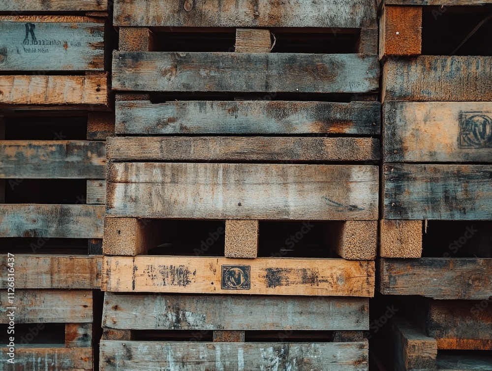 Poster stack of wooden pallets with a few of them having the letters 
