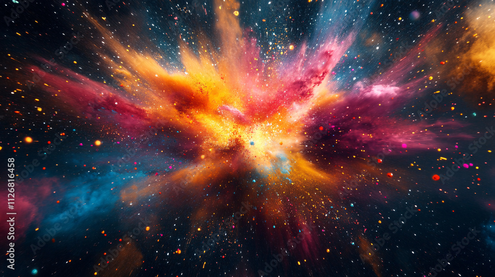 Poster abstract explosion of color particles, flying outward from the center in a dynamic and energetic bur
