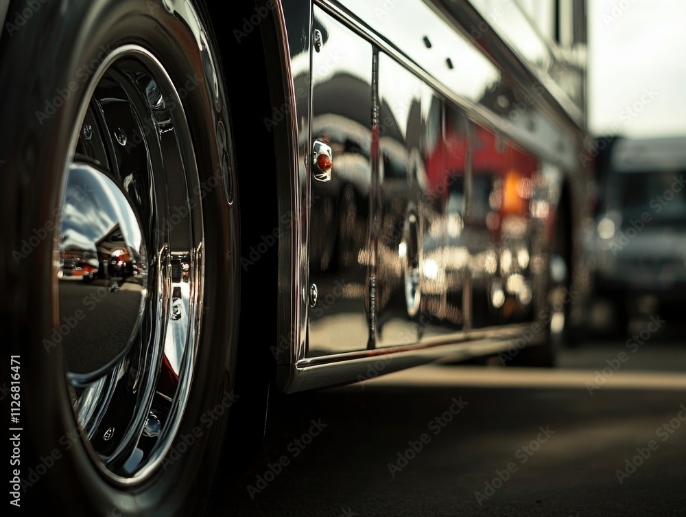 Poster shiny silver bus with a chrome wheel. the wheel is in the foreground and the bus is in the backgroun