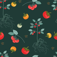 Seamless pattern with tomatoes on black background.