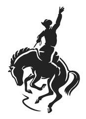 Cowboy on wild horse, silhouette. Rodeo competition, extreme sport emblem, symbol or logo
