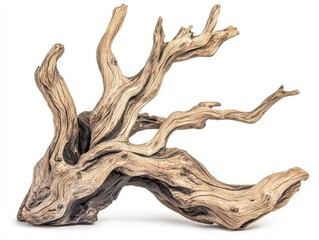 Fototapeta premium A beautifully twisted piece of driftwood showcasing intricate textures, perfect for aquascaping or decorative displays.