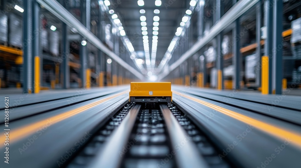 Poster modern automated warehouse with a transportation vehicle on rails, highlighting advanced logistics t