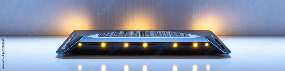 Poster decorative router displayed on matte white surface with glowing signal lights under diffused lightin