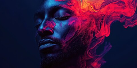 Multicolored pigments swirling into bold textures around a sharply detailed eye, with a dark gradient backdrop, emphasizing realism.